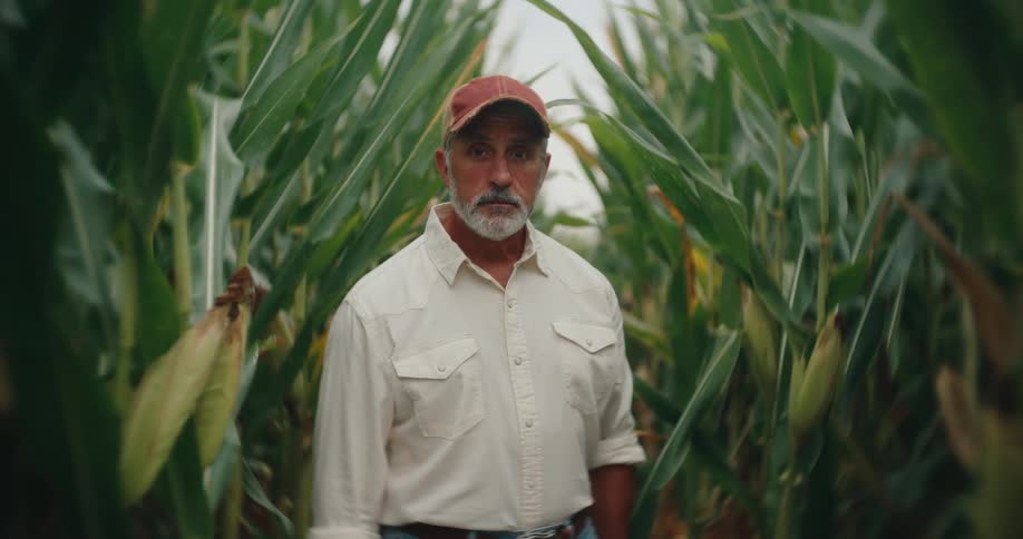 Man stands between rows of corn observing the surrounding field