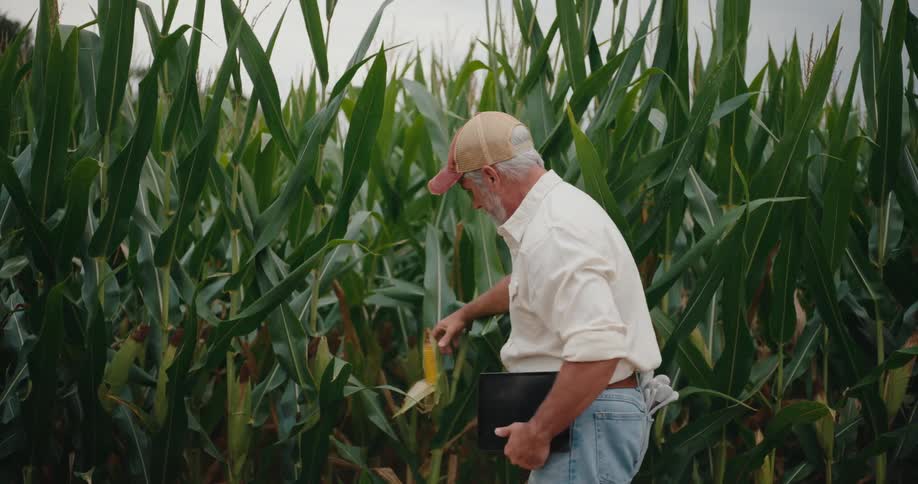 Man examines an ear of corn while holding a tablet