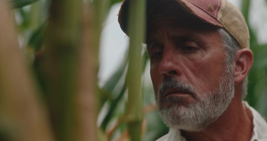 A man wearing a hat is looking closely at a sugar cane plant