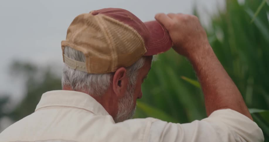 Man standing outside looking at his cornfield takes off his hat and rubs his head