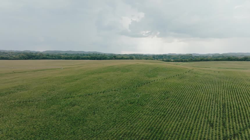 Vast farmland stretches to the horizon under a cloudy sky