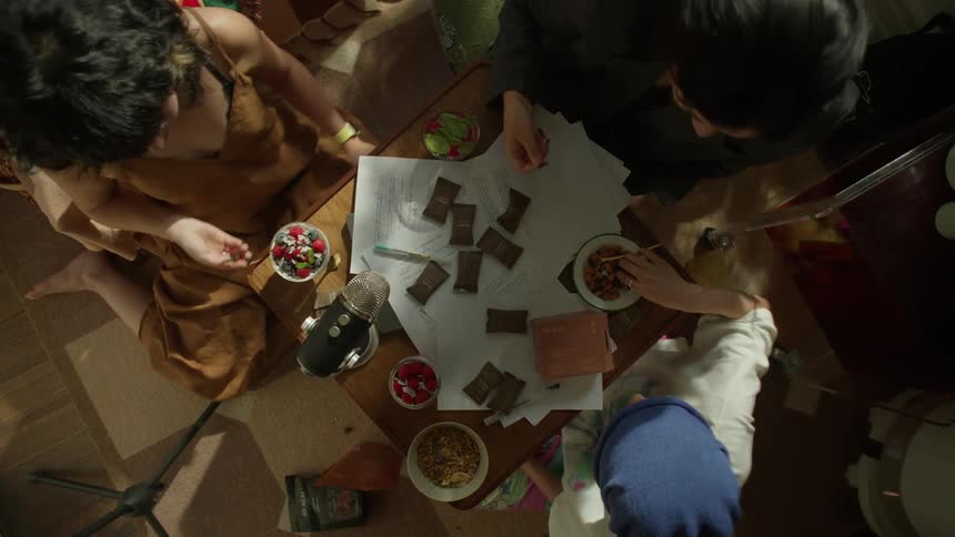 A group of three female friends sitting on the floor at midday each with a plate of snacks in front of them