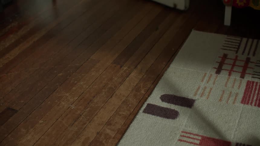 A young woman with dark hair wearing a dark blazer stepping happily into a warmly lit room with a wide smile and a hardwood floor and rug on the ground