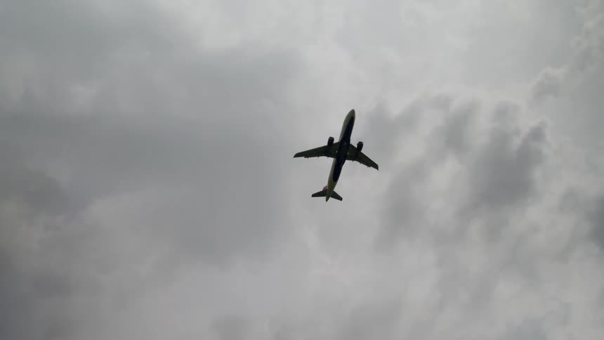 Airplane crosses the cloudy sky viewed from below