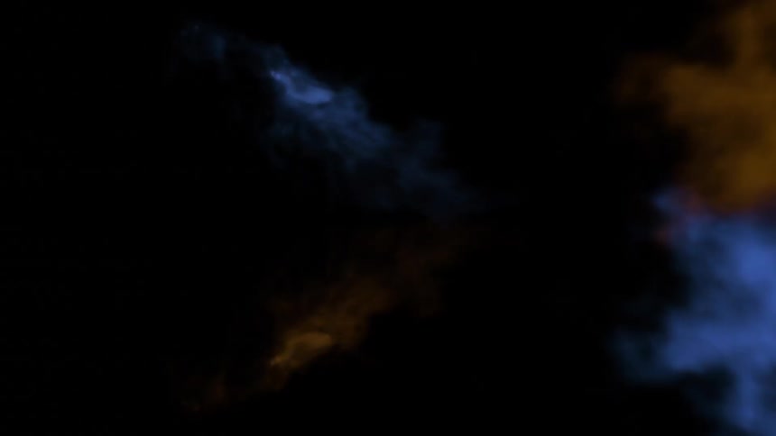 Swirls of deep blue and amber smoke drift slowly against a pitchblack background mixing and fading like a mysterious nebula floating in deep space