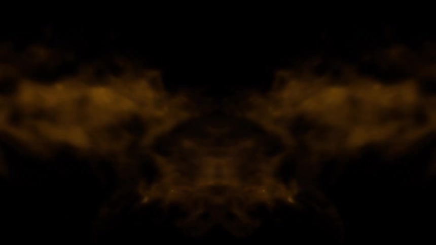 An abstract symmetrical shape composed of ethereal orange and golden smoke or fire slowly materializes and flows in the center of the frame against a completely black background