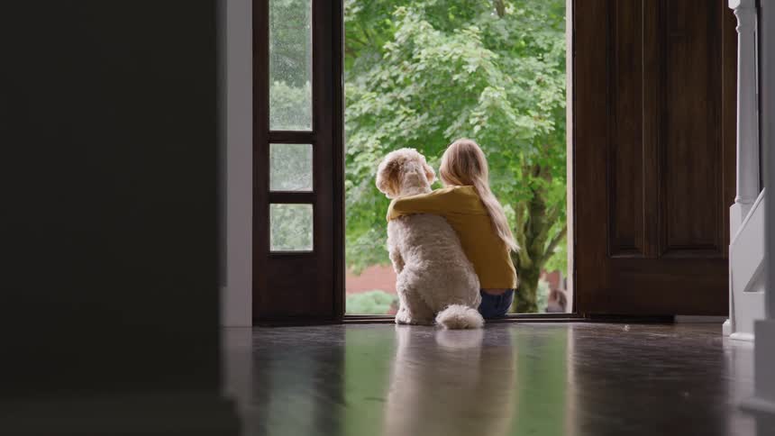 A little girl is sitting with her back turned on the doorstep of a house hugging her white dog