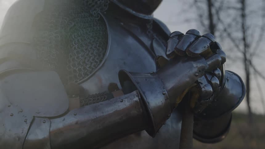Person in medieval armor holding sword with both hands in outdoor setting with trees in background