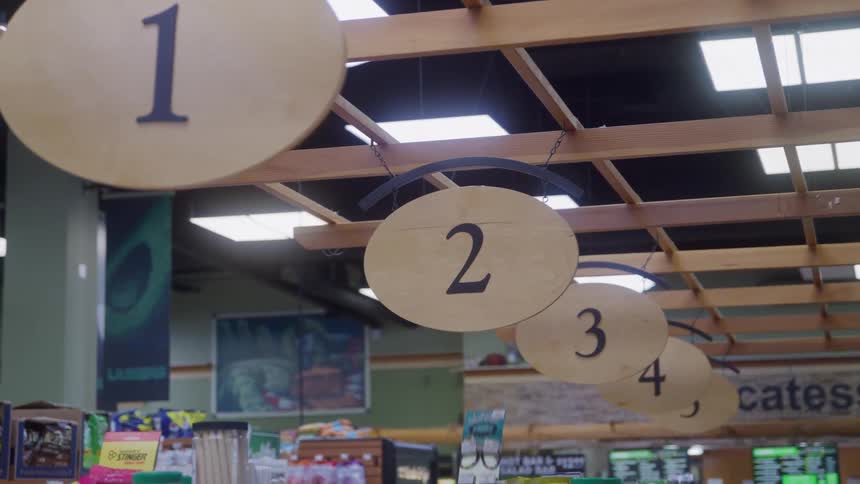 Numbers signs hang over the aisles in the supermarket