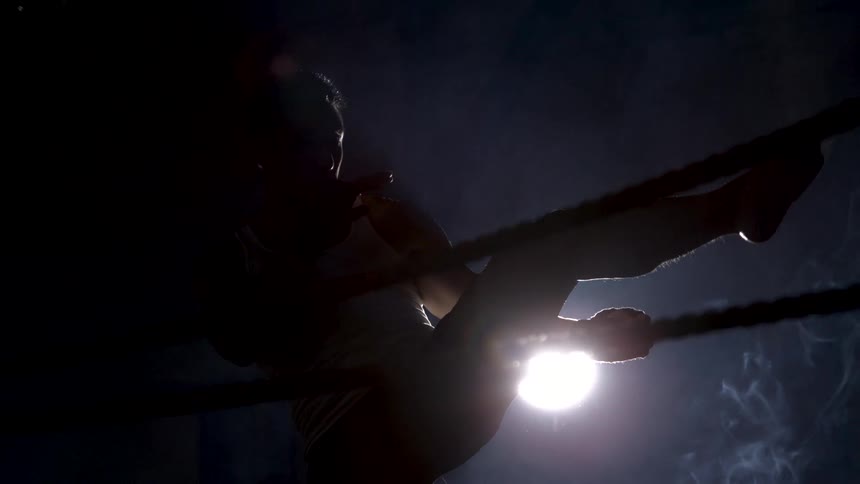 Silhouetted figure delivering a high kick between the ropes under intense backlight