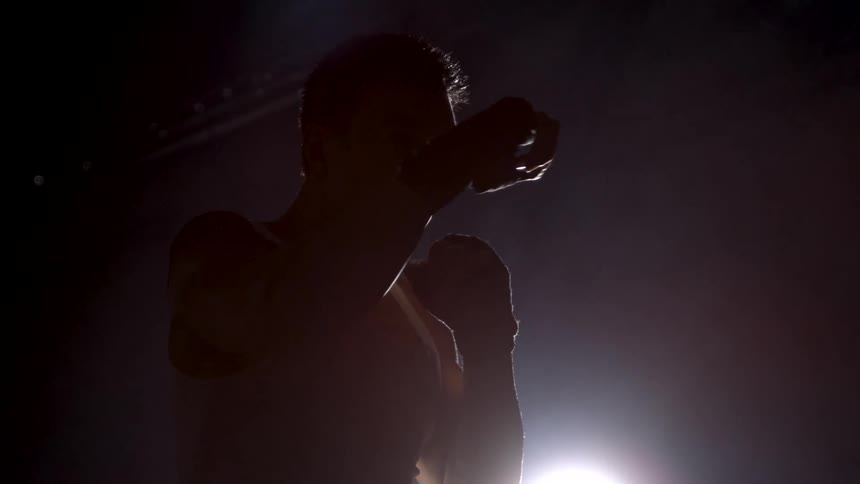 Silhouette highlights the fighter extending a punch under intense light