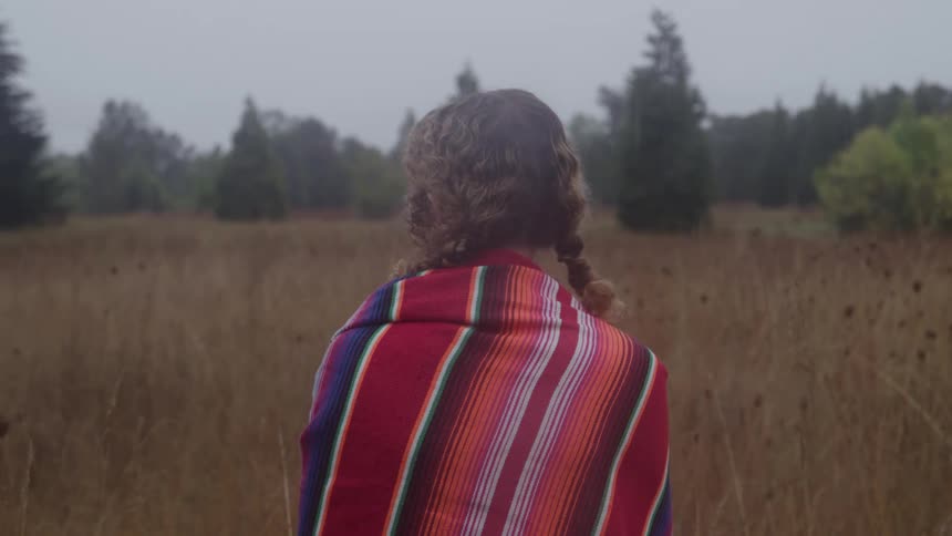 A woman with curly hair wearing colorful clothes stands with her back turned observing a field of beige grass