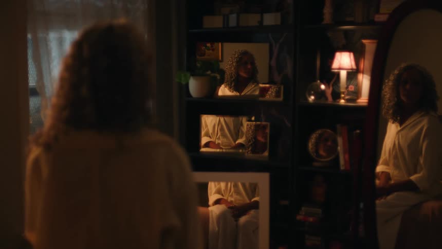 A woman sits in a dim room gazing at multiple reflections of herself in nearby mirrors