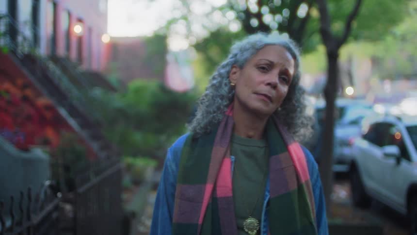 This video follows an older woman with striking gray curly hair walking down a city street lined with brownstone buildingsshe initially walks away from the camera then turns to look toward it with a concerned expression before continuing down the s