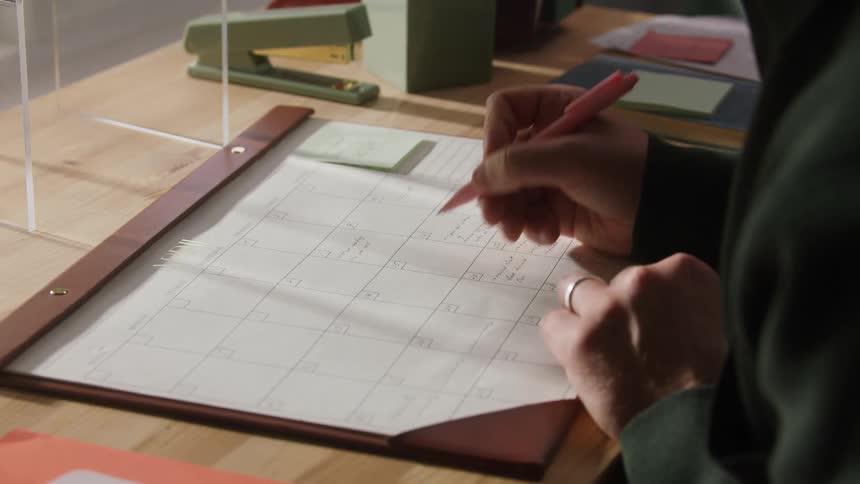 A person wearing a ring and a dark jacket is shown leaning forward holding a pink pen to write on a paper calendar laid on a wooden desk with a brown leather edge near a green stapler and other office supplies