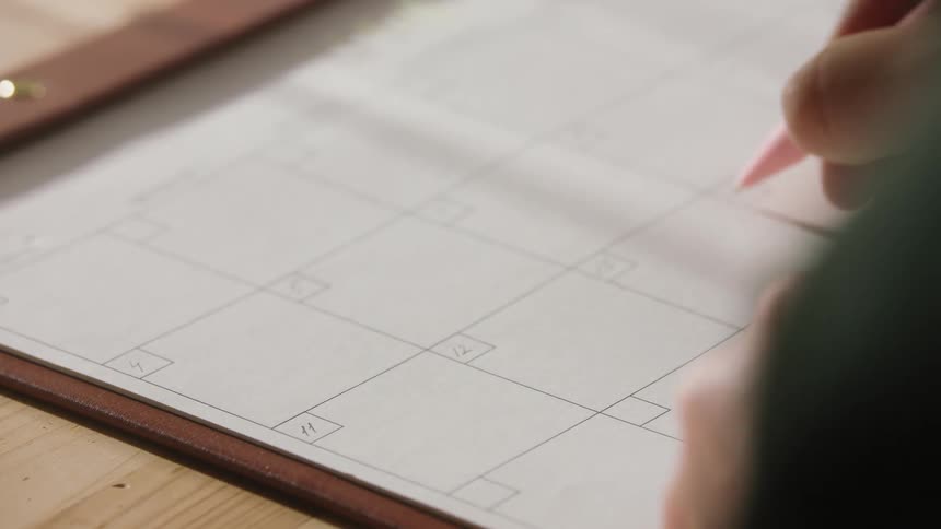 Woman sitting at a table fills in the dates on a monthly page in a calendar