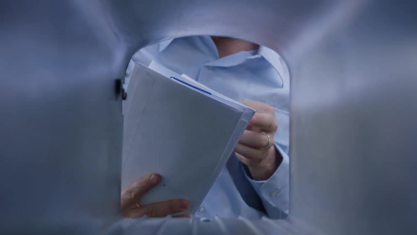 Male postal worker places letters in a mailbox