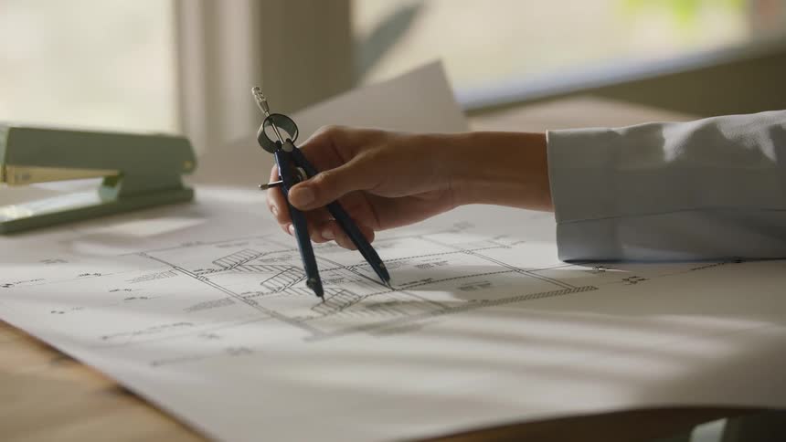 Hand holding compass over detailed architectural blueprint on table lit by natural light