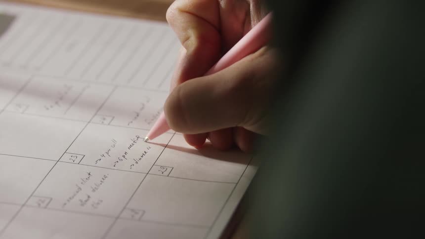 A persons hand holding a pink pen is seen in a closeup shot writing daily entries including a meeting and dinner into the small squares of a physical open calendar or planner