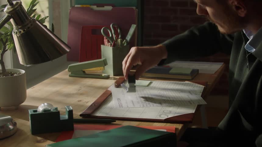A man uses a rubber stamper on a piece of paper at his desk