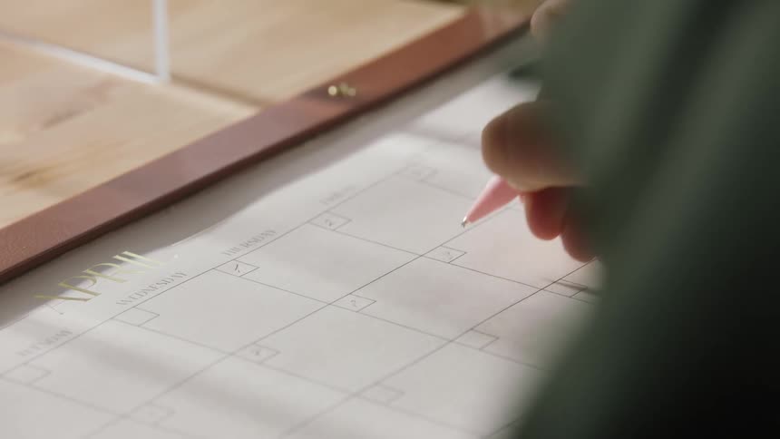 Hand with a pink pen marks a calendar on a wooden surface