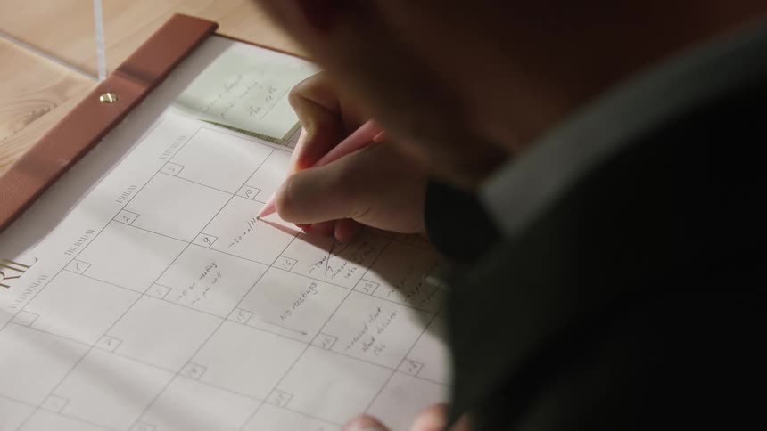 A man in a dark jacket is shown from an overtheshoulder perspective using a pen to write an entry on a paper calendar