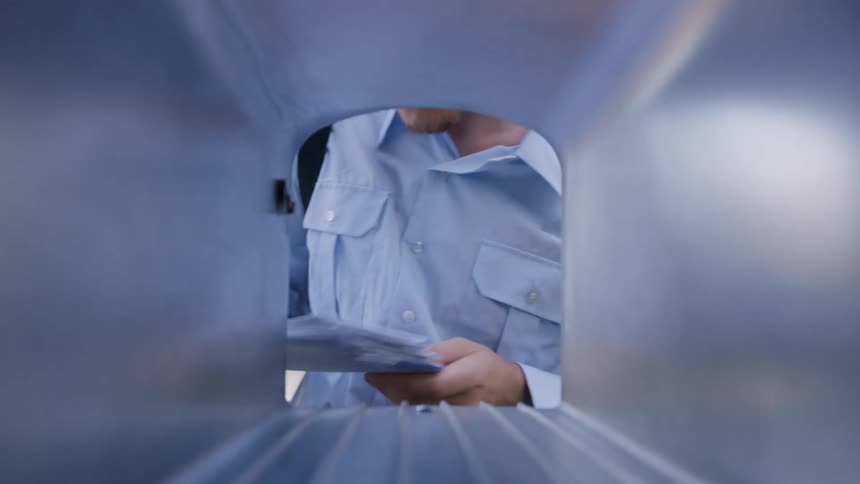 Man places letters inside a mailbox as seen from the inside