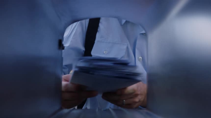 A man wearing a blue tshirt is putting letters in a mailbox
