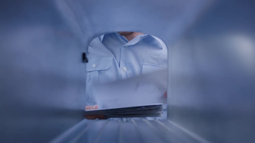 Mailman opens a mailbox and puts letters inside before closing the door