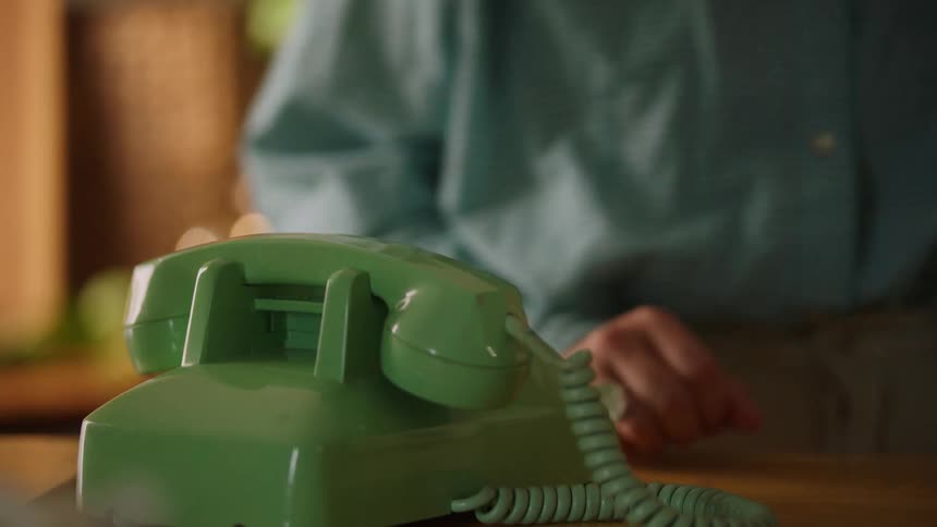 A persons hands are shown setting down the receiver of an oldfashioned bright green rotarystyle telephone the phone has a coiled cord and sits on a wooden surface