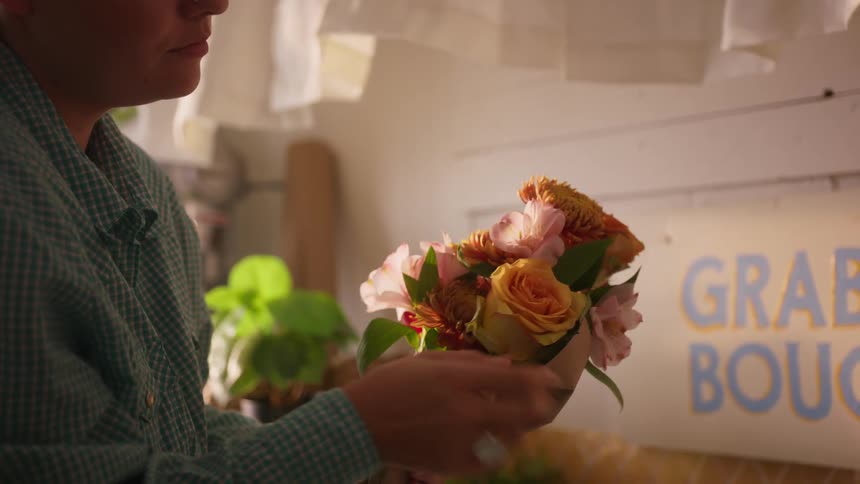 A florist wraps orange and pink flowers in brown paper inside a bright flower shop
