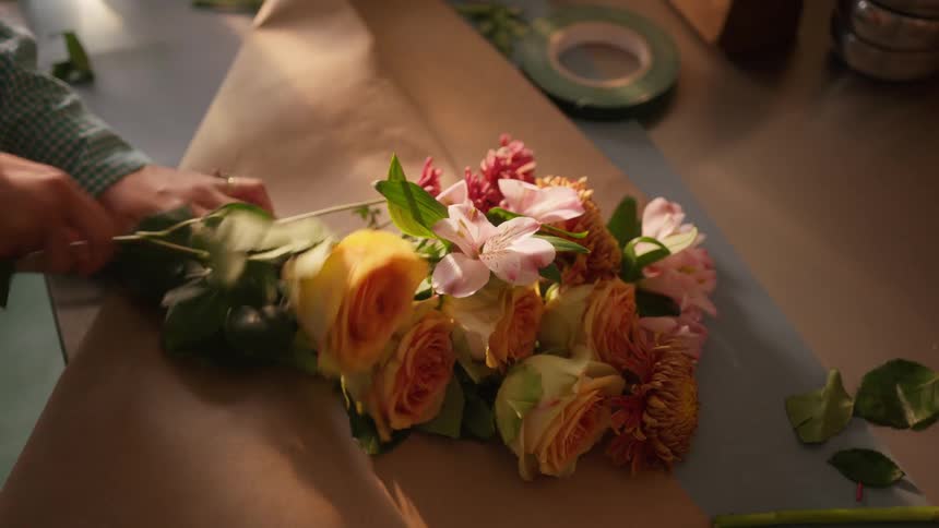 A person wrapping flowers in a bouquet