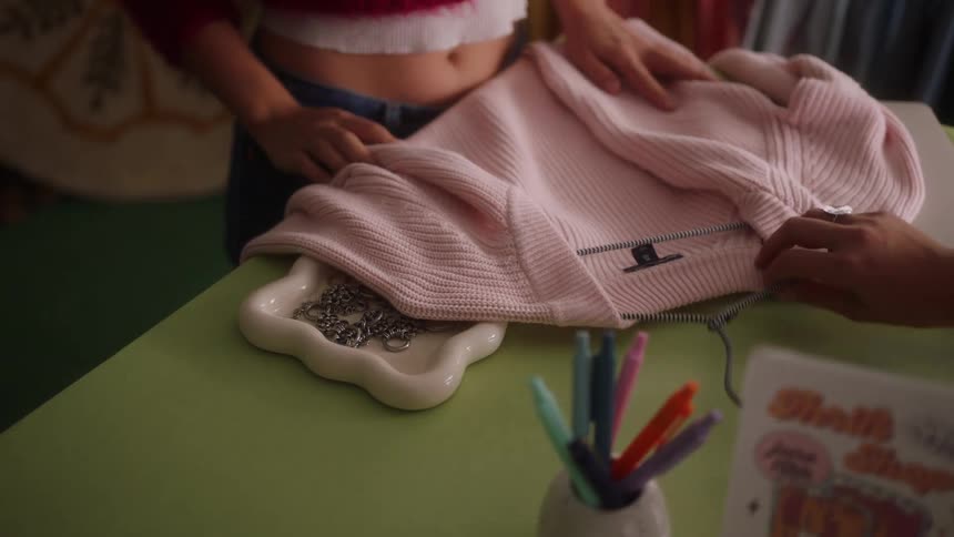Pink sweater being placed on a green table with personal and electronic items