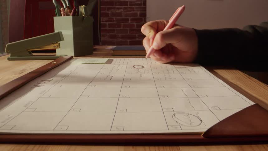 Person marks appointments on the calendar laid out on the work desk