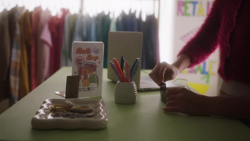 The video shows a transaction taking place at a checkout counter in a brightly lit thrift or retail store a hand passes a folded bill of money to the cashier who then hands back change