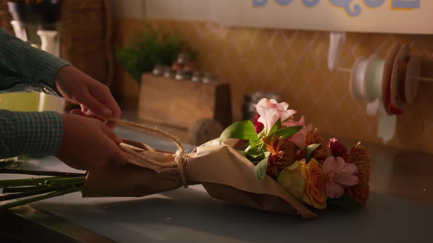 A person gently ties twine around a colorful bouquet wrapped in brown paper as warm light fills the workspace of a flower shop