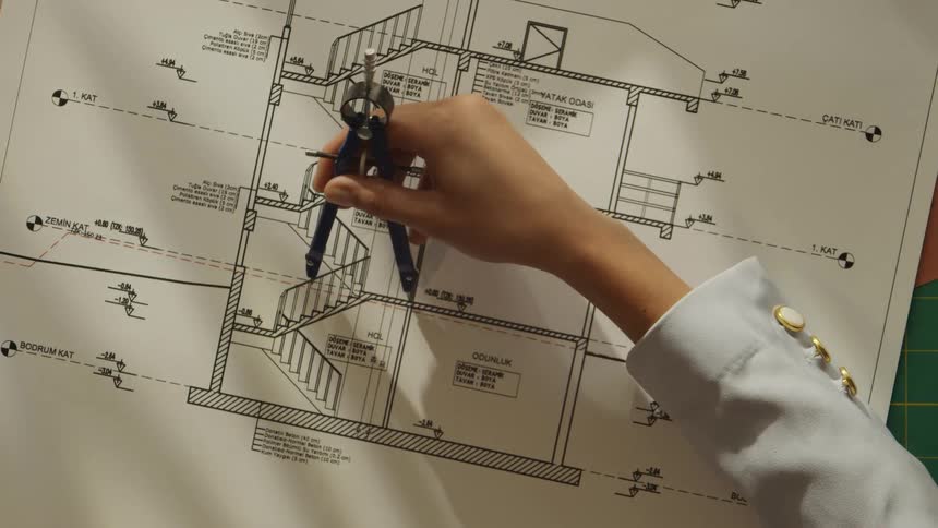 A person wearing a lightcolored sleeve with gold buttons uses a blue drafting compass to measure the dimensions of a detailed architectural section drawing of a building with multiple floors