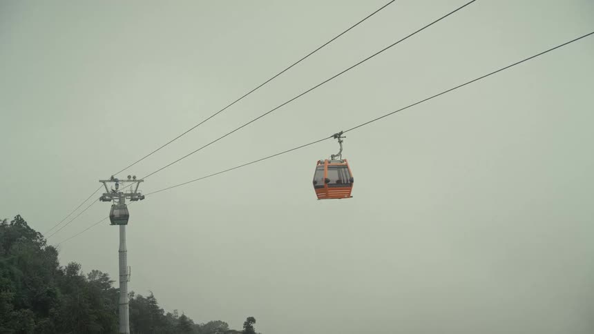 Cable cars suspended across cloudy sky above forested area