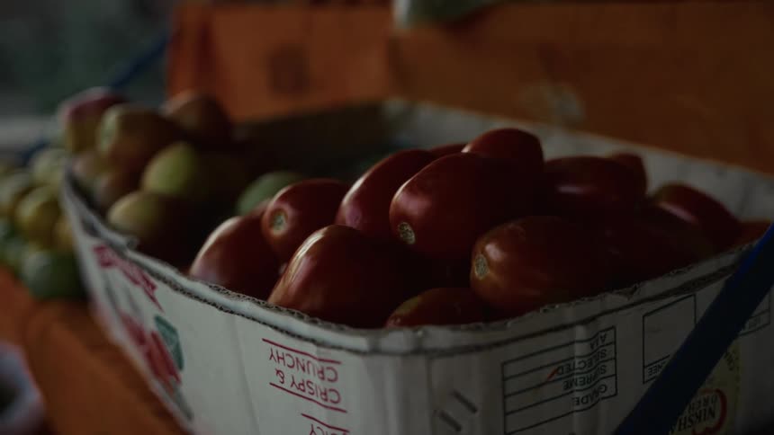 Cardboard box with red tomatoes on orange surface at market stall