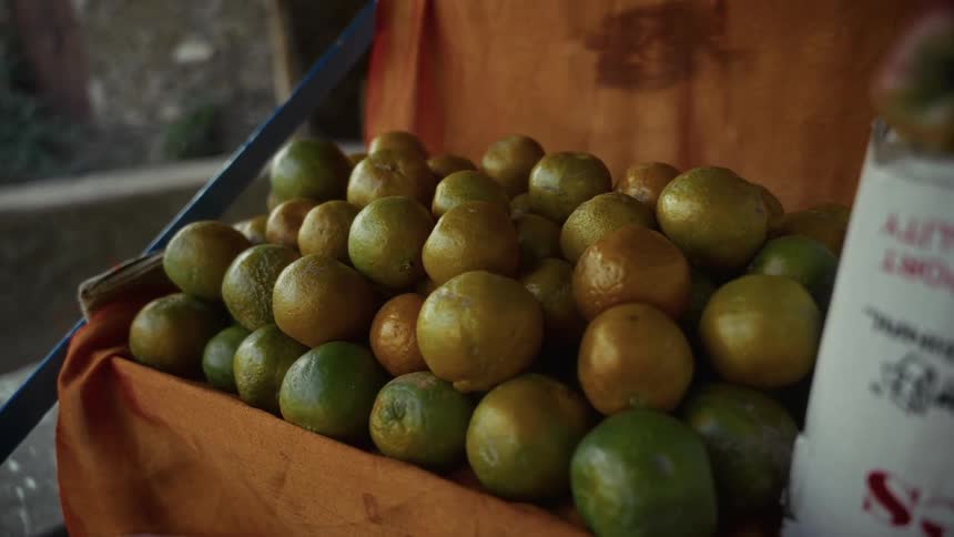 The video features a closeup of a large pile of citrus fruit likely oranges resting on an orange cloth at a market stall the fruit exhibits a variety of hues ranging from green to full orange