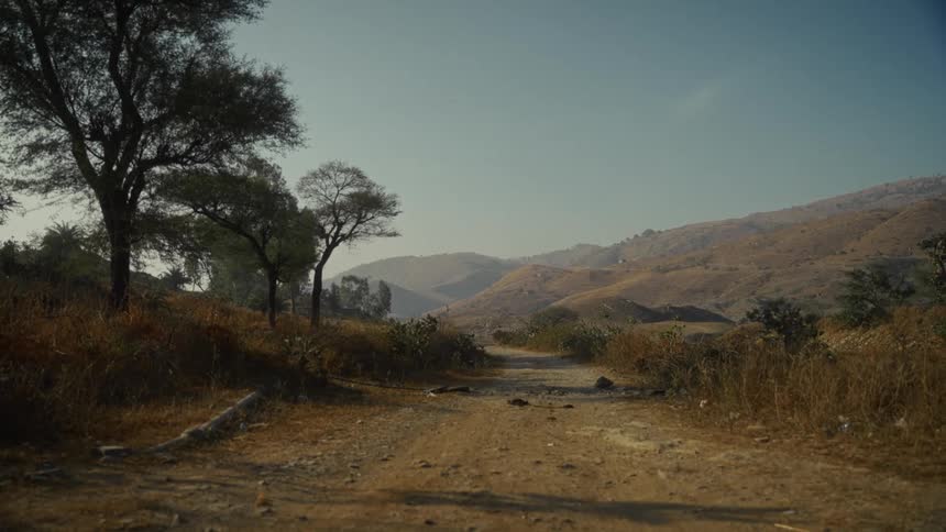 A rough dirt path runs through the center of the frame lined on both sides by dry brush and a few scattered trees with dark foliagethe road ascends slightly and disappears between rolling barren hills under a hazy pale blue sky suggesting a dry or