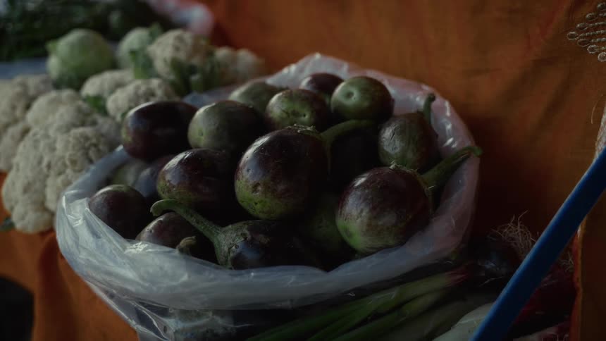Purple and green eggplants in plastic bag surrounded by cauliflowers and green onions at market stall