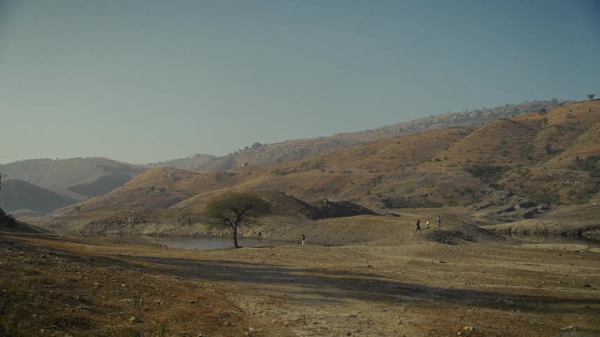 Arid landscape with hills in background lone tree and people walking under clear sky