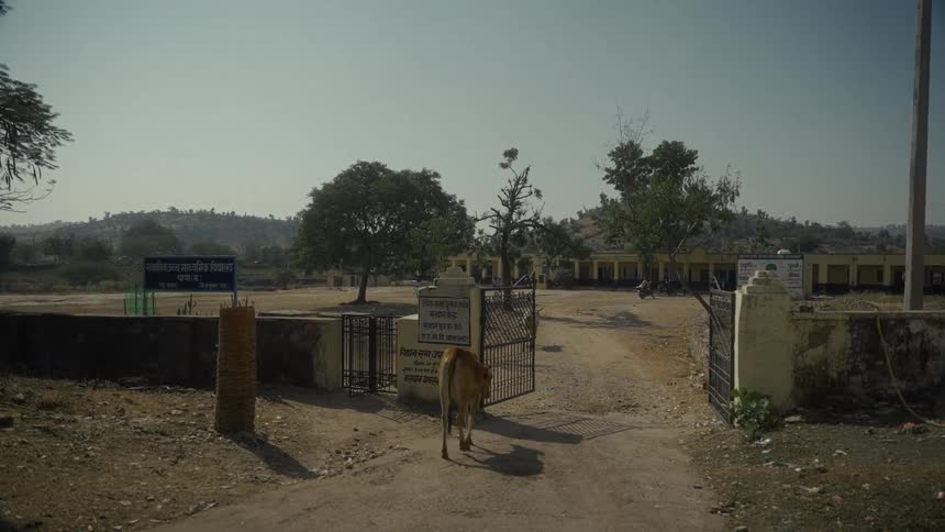 Entrance of rural school in badgaon rajasthan with people gathered and a goat walking through the gate