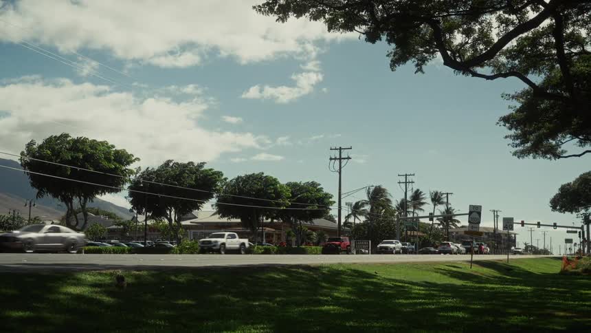 Trucks and cars driving on a road in an urban area with grass and trees to one side and buildings to the other outdoors during day time