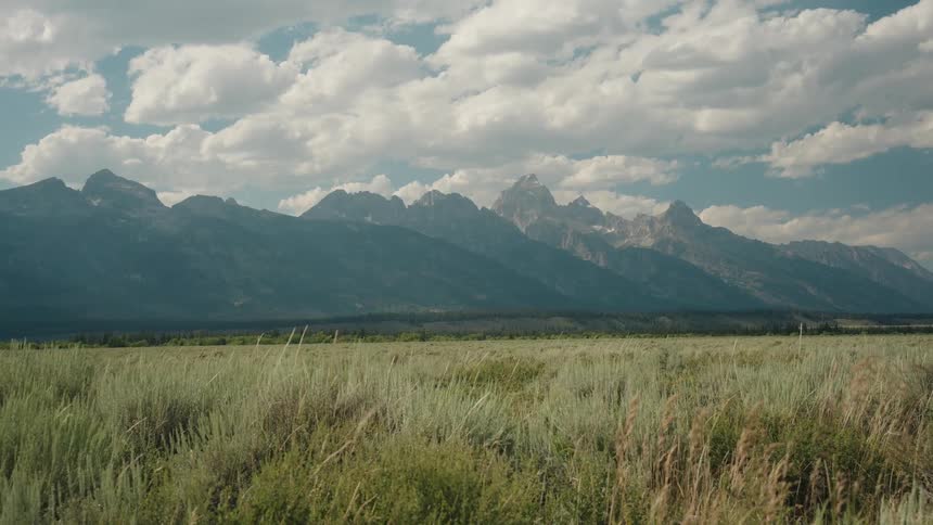 Jagged mountain peaks rise dramatically above a vast grassy plain as large puffy clouds drift slowly across the wideopen sky