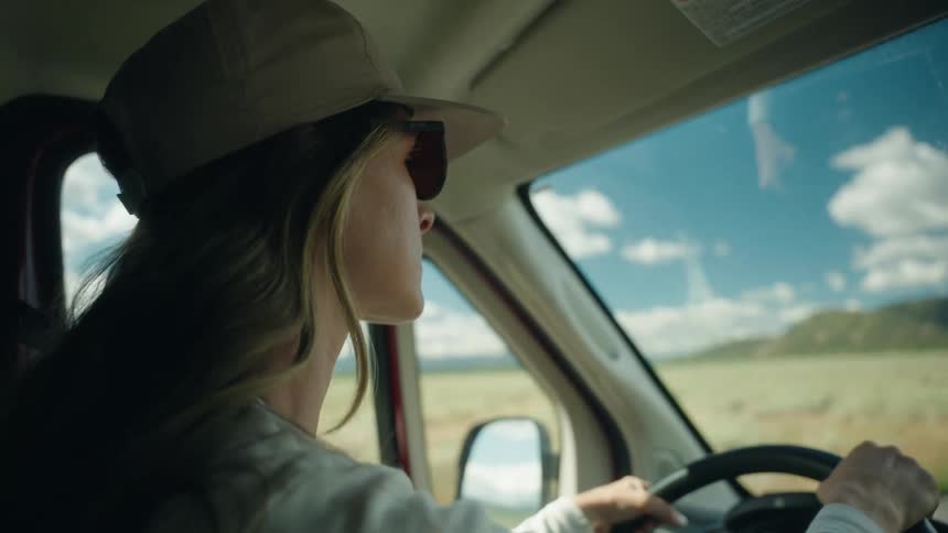 Young woman wearing a baseball cap and sunglasses driving a car next to a natural landscape indoors during day time