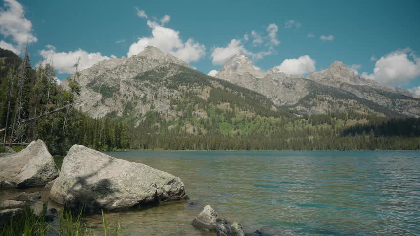 Trees line the lake by the mountains