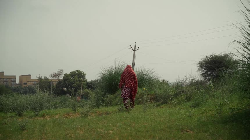 A woman draped in a red sari her head covered walks across a rural grassland at midday