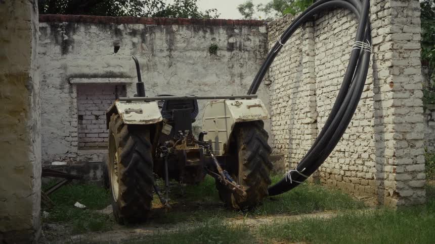A small lightcolored tractor is parked on a patch of grass in front of an old weathered brick wall with a large coiled black plastic pipe tied to its rear for irrigation or water transport